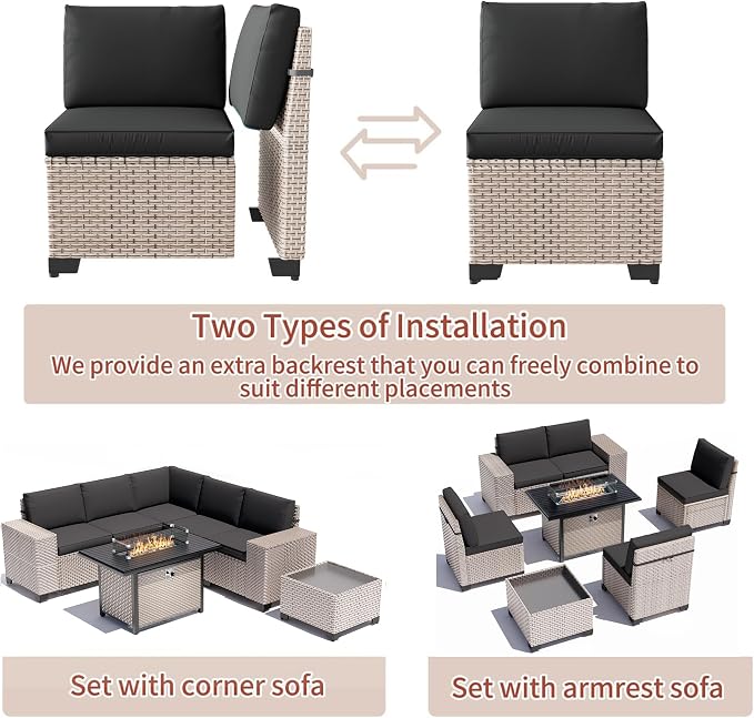 6 Pieces Patio Furniture Set, Outdoor Sectional Wicker Sofa with Thickened Cushions and Coffee Table, High Back Rattan Patio Conversation Sets for Garden Backyard, Black
