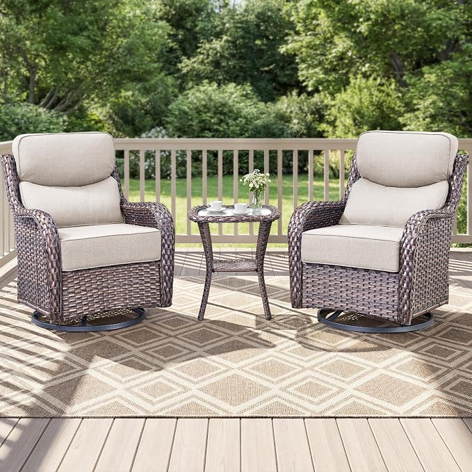 Luxury Swivel Rocker Chairs Set with 6" Thick Cushion 3 piece Wicker Outdoor Swivel Rocker Patio Chair with Side Table High Back Comfortable Outdoor Patio Furniture Set - Brown | Beige