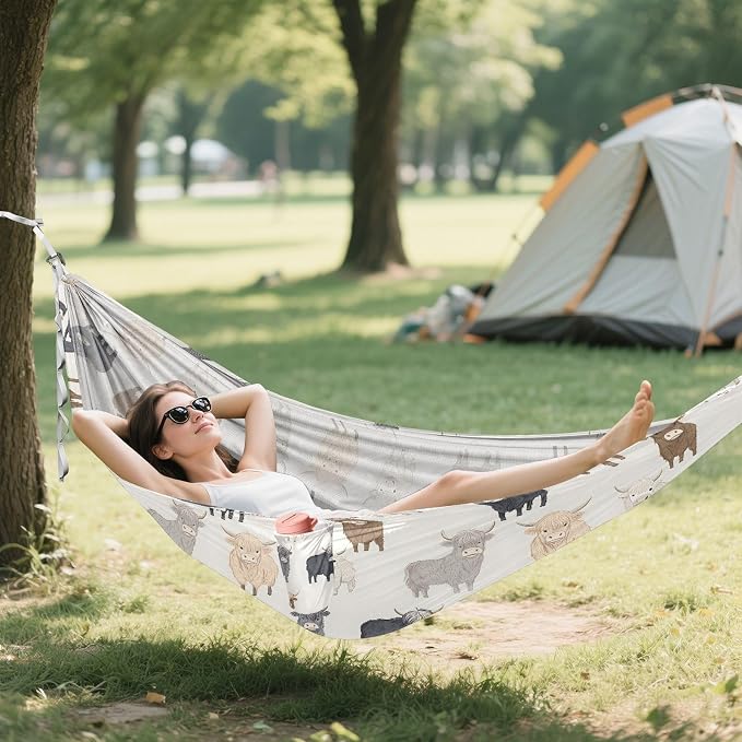 Camping Hammock Outdoor Hammocks for Outside Highland Cows Beach Trees Portable Lightweight with Pockets Tree Straps Indoor