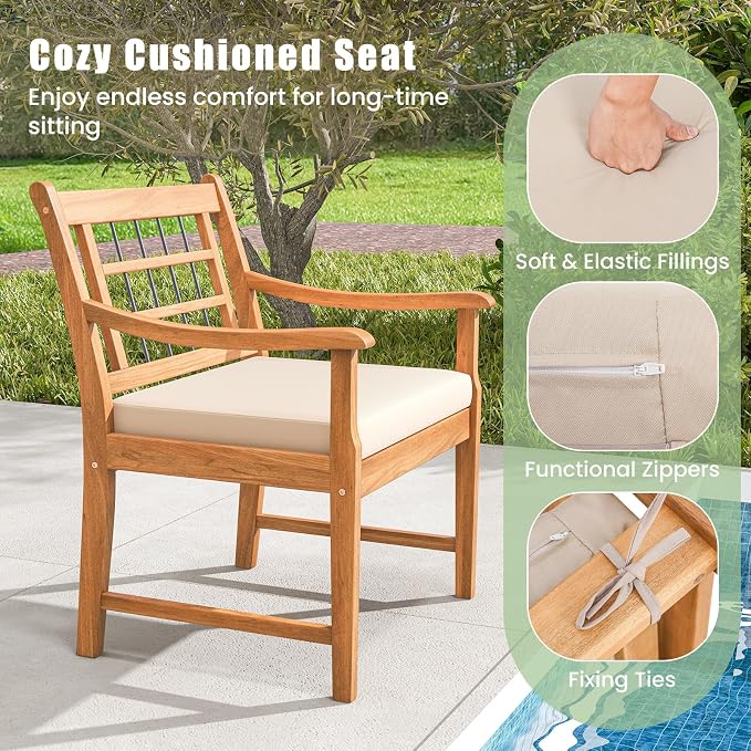 HAPPYGRILL 3 Piece Acacia Wood Patio Conversation Set, Outdoor Bistro Set with Cushions, Solid Wood Frame, 2 Armchairs & Coffee Table Set for Backyard, Porch, Poolside (Off White)