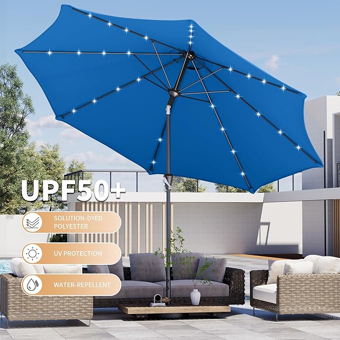 Kingdura 10FT Outdoor Patio Umbrella with Solar Lights, Market Table Umbrella with Push Button Tilt & Crank, 8 Sturdy Ribs, 32 LED Lights, UV Protection for Garden Lawn Deck Backyard Pool (Royal blue)