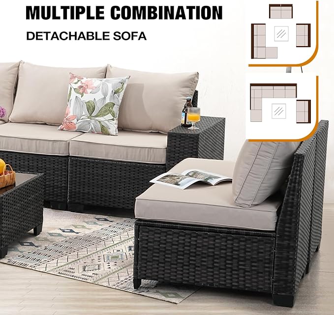 JOYURE 9 Pieces Patio Furniture Set All-Weather Outdoor Wicker Sectional Conversation Sofa Rattan Patio Seating Sofa with Cushion and Glass Table and Ottoman for Porch Poolside,Beige