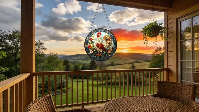 Stained Glass Window Hanging - The Golden Rooster Stared Ahead 6.3 Inches Suncatcher for Garden Home Decor for Women Mon Grandma Friends