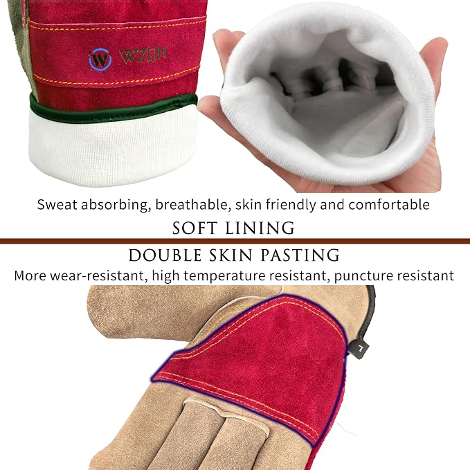 WZQH Leather Work Gloves for Women or Men, Medium Glove for Gardening, Tig/Mig Welding, Construction, Chainsaw, Farm, Ranch, etc. Cowhide, Cotton Lined, Utility, Firm Grip, Durable. Rose Red - Grey M | Used for Gardening, Welding, Construction, Chainsa...