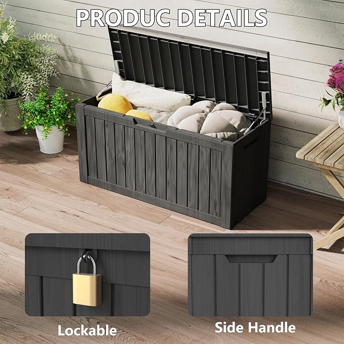 100 Gallon Deck Boxes Outdoor Waterproof, Outdoor Storage Box with Lockable Lid & UV-Resistant for Patio Furniture, Outdoor Cushions, Garden Tools and Pool Supplies, Black