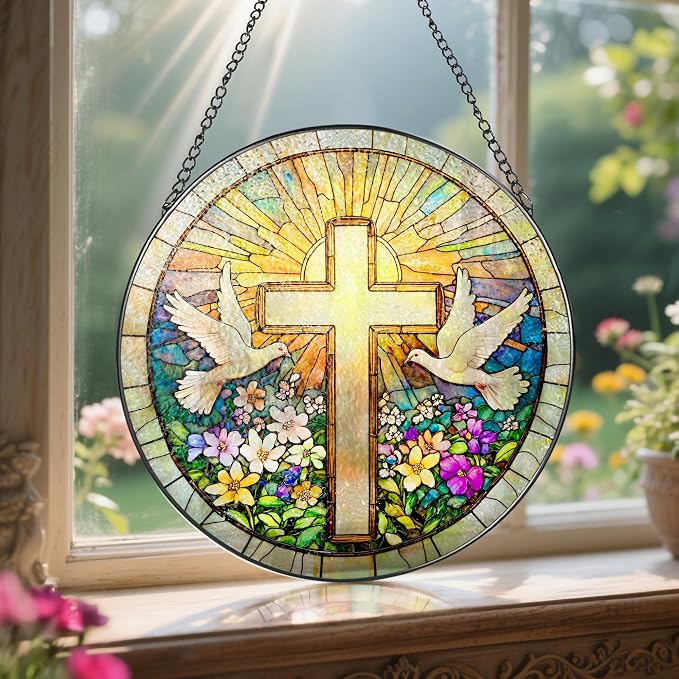 Cross and Wildflowers Stained Glass Suncatcher, 8 Inch Christian Stained Glass Windows Hanging, Flower Cross Gift for Religious, Christian Gifts, Easter Faith Home Decor