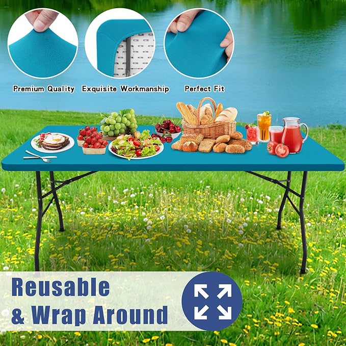 Moosfor Spandex 8 Foot Rectangle Table Cloth 2 Pack, Elastic Fitted Tablecloths for Picnic, Stretch Washable Patio Table Cover for Outdoor, Camping, Banquet and Parties (Teal, 30"x96")