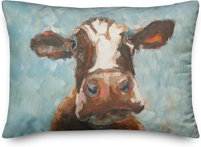 Brown Painted Cow Indoor/Outdoor Pillow | Decorative Pillows for Living Room Couch Bed Sofa Patio, Fluffy Soft Cushion | Water Resistant Multi, 14x20