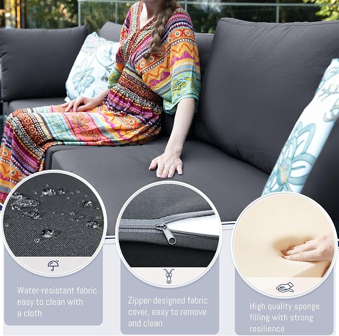 BULEXYARD 7 Piece High Back Outdoor Sectional Set with Fire Pit Table, Modern Wicker Patio Furniture Set Weather-Resistant, Modular 6-Person Couch Sofa Comfortable Wide Deep Seats for Backyard, Grey