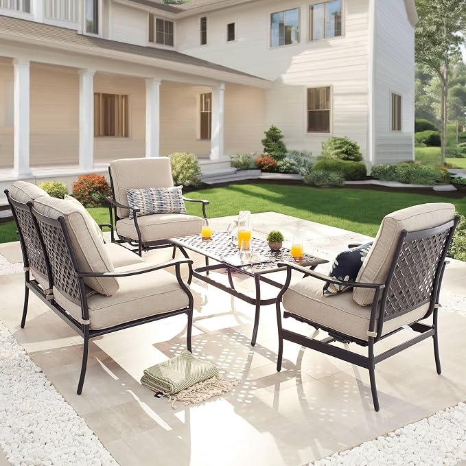 Patio Conversation Set 4 Pieces Cushioned Metal Outdoor Furniture Sets with All Weather Frame for Porch Backyard Lawn (Beige)