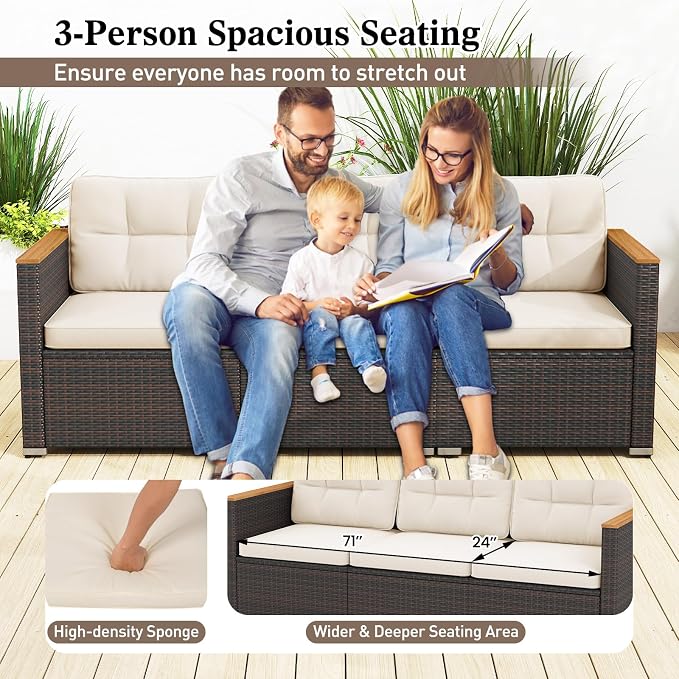 Tangkula 3-Seat Patio Wicker Couch Sofa, Outdoor 3 Seater Rattan Furniture Set with Acacia Wood Armrests & Thick Cushion, Outside Sectional Sofa Couch for Porch, Deck, Garden and Backyard, Off White