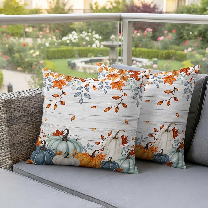 Fall Waterproof Outdoor Pillow Covers 16''x16'' Set of 2, Thanksgiving Maple Leaf Branch Vintage Wooden Patio Cushion Covers for Chairs,Decorative Blue Green Pumpkin Pillow Cases for Garden/Pool/Beach