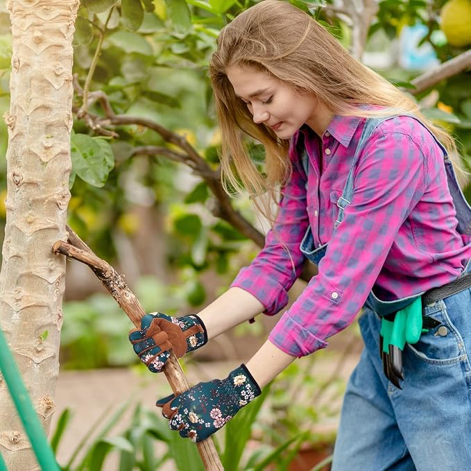 Bamllum Gardening Gloves for Women, Leather Garden Gloves | Breathable Garden Gloves with a Padded Palm, Flexible Fit and Elastic Wrist for Weeding, Digging, Planting and Pruning