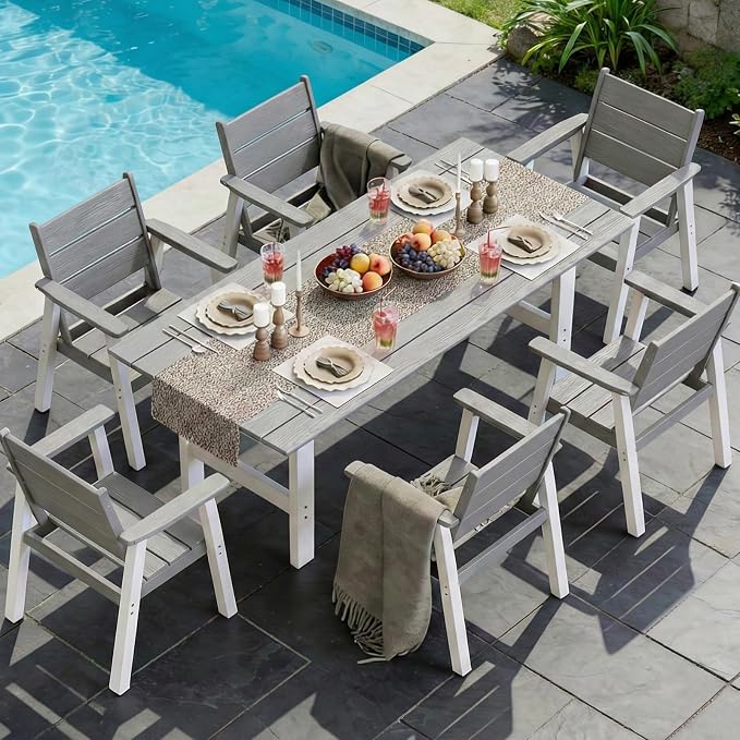 Outdoor Dining Set for 6, 7-Piece Patio Table and Chairs Set, HDPE Outdoor Dining Table and Chairs with Umbrella Hole, All-Weather Dining Furniture Set,White Grey