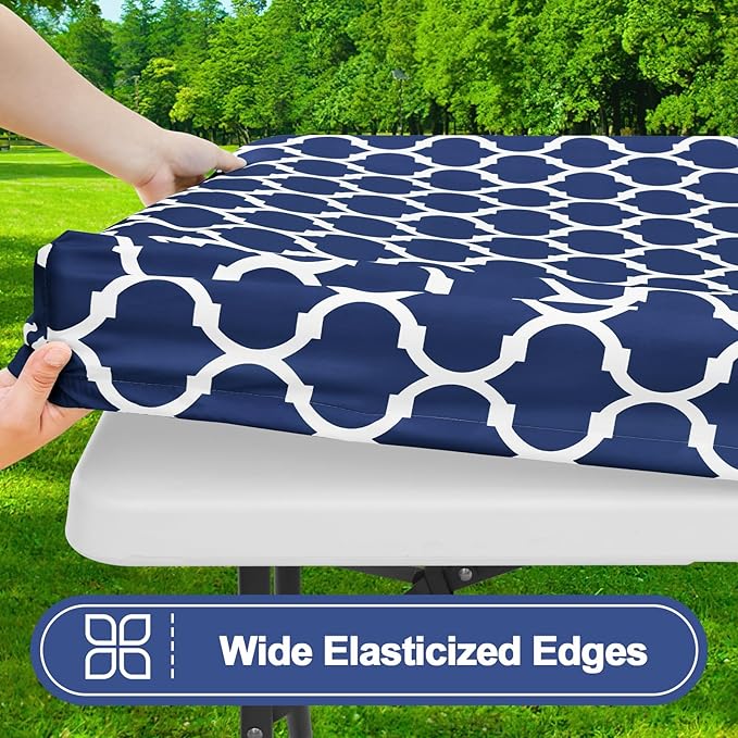 Smiry Picnic Table Cover with Bench Covers, Waterproof Elastic Fitted Tablecloth for 6 Foot Tables, Washable Polyester Tablecloths for Camping, Indoor & Outdoor (Navy, 30x72 Inch 3-pc Set)