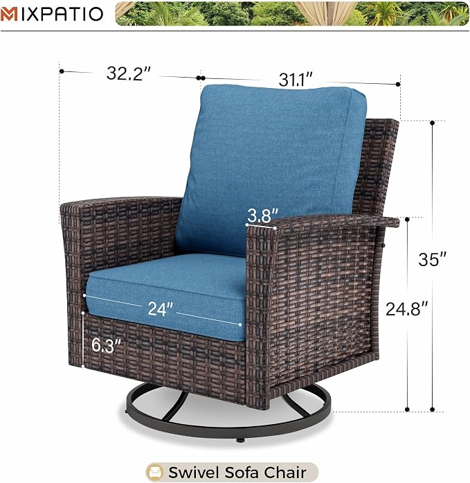 MIXPATIO Swivel Patio Wicker Chairs Set of 2, High Back Outdoor Swivel Patio Rattan Chairs with 5.5" Thick Cushions for Bistro Balcony Porch Deck and Yard, Navy Blue