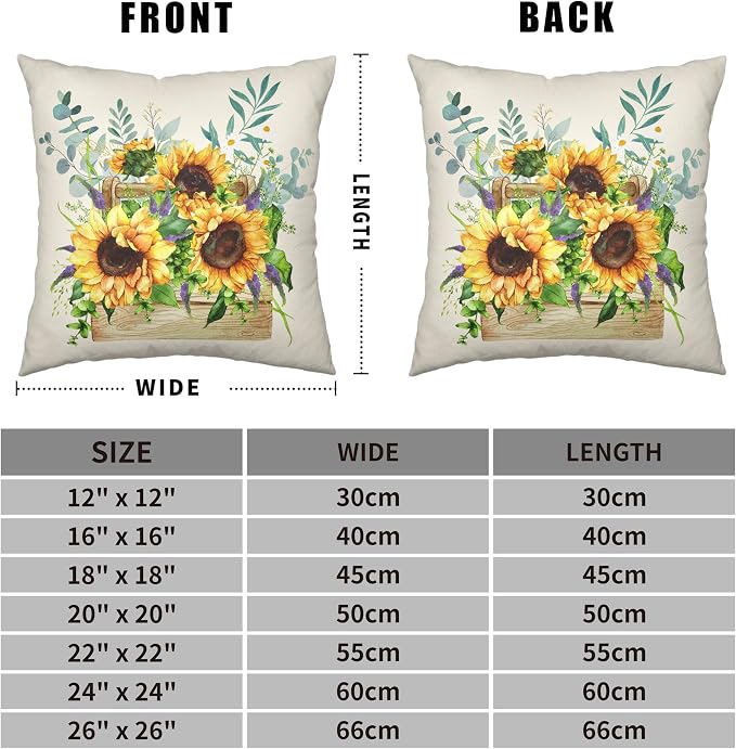 Spring Summer Floral Pillow Covers 24X24 Yellow Sunflowers Decorative Pillow Case Set of 2 Watercolor Flowers Cotton Linen Cushion Case for Outdoor Patio Living Room Car