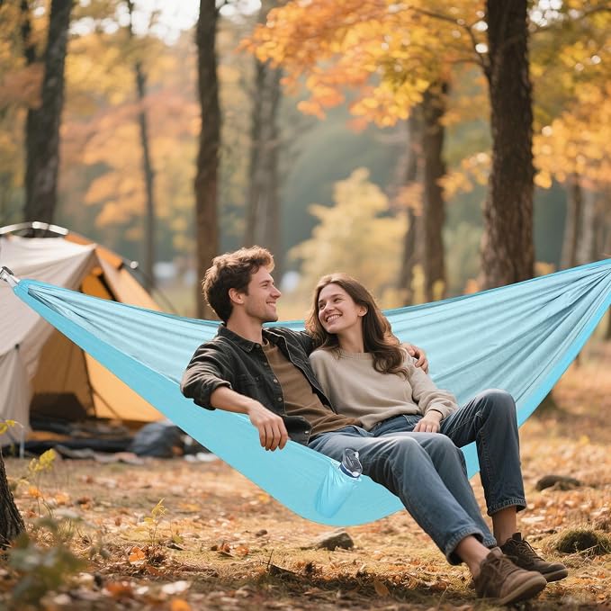 Sky Blue Solid Color Camping Hammock, Portable Lightweight Single Hammock with Tree Straps and Aluminum Carabiners, 114" x 54" Travel Hammock for Hiking Backpacking Beach