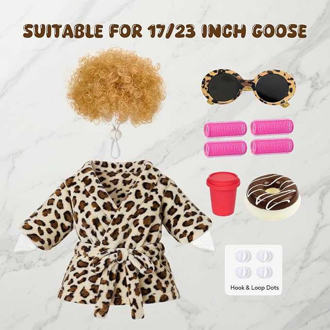 Porch Goose Robe Outfit Set for 23 Inch Goose Statue, Leopard Flannel Bathrobe with Wig Curlers Coffee Cup Donut Glasses, Funny Cozy Goose Clothes Decor (Leopard)