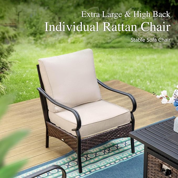 Sophia & William Patio Furniture Set, 4 Piece Metal Outdoor Conversation Set with 2 Sofa Chairs, 2 Ottoman for Outdoor Seating, Backyard, Porch(Beige)