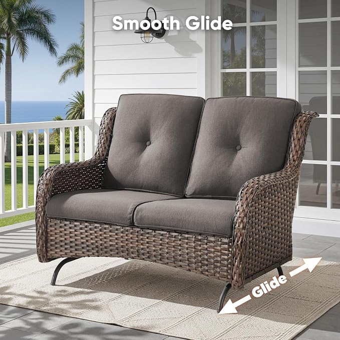 Belord 5 Piece Wicker Patio Furniture Set, Outdoor Swivel Rocker Chairs Set of 2 with Ottomans and 3 Seater Sofa, All Weather Patio Conversation Furniture Set, for Porch Pool, Brown Wicker/Gray