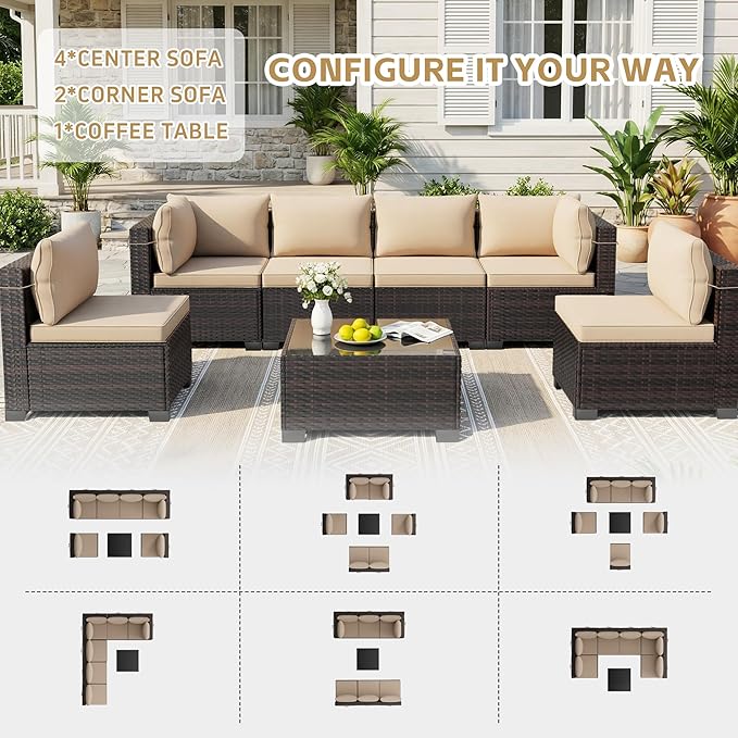 LAFWLL 7 Pieces Outdoor Patio Furniture Sets,Rattan Conversation Sectional Set,Manual Weaving Wicker Patio Sofa with Tea Table