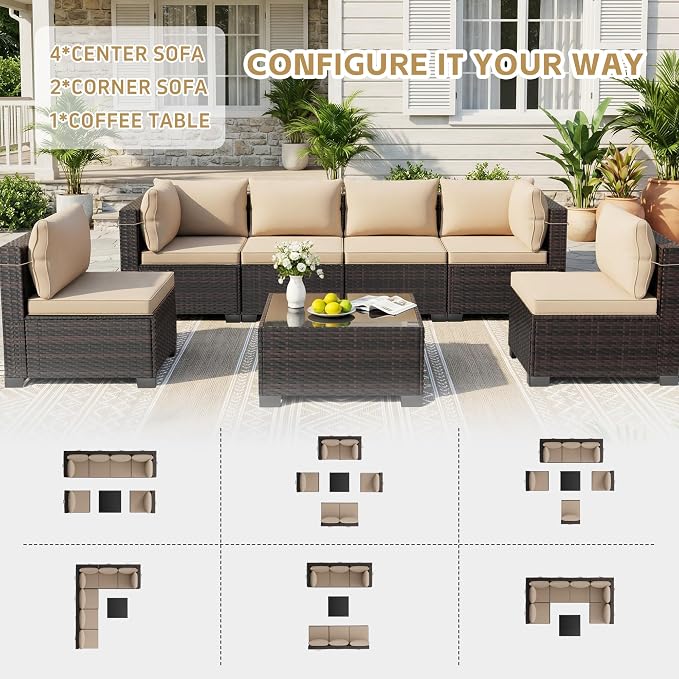 LEVELEVE 7 Pieces Outdoor Patio Furniture Sets,Rattan Conversation Sectional Set,Manual Weaving Wicker Patio Sofa with Tea Table