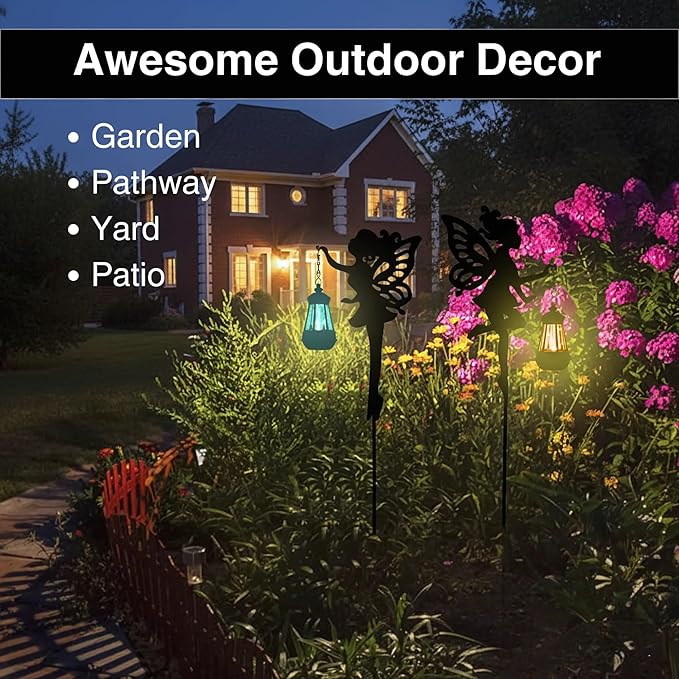 Solar Fairy Garden Accessories Outdoor 1 Pair - Metal Stakes Decorative Figurines Housewarming Ornament for Patio, Lawn, Yard, Pathway - Unique Gift Ideas for Mom Grandma (Type A Color-Shifting)