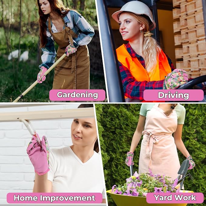 HANDLANDY Gardening Gloves for Women, Leather Garden Glove, Gardener Gift | Breathable Floral Ladies Leather Garden Yard Gloves, for Trimming, Weeding, Digging, Planting, Pruning