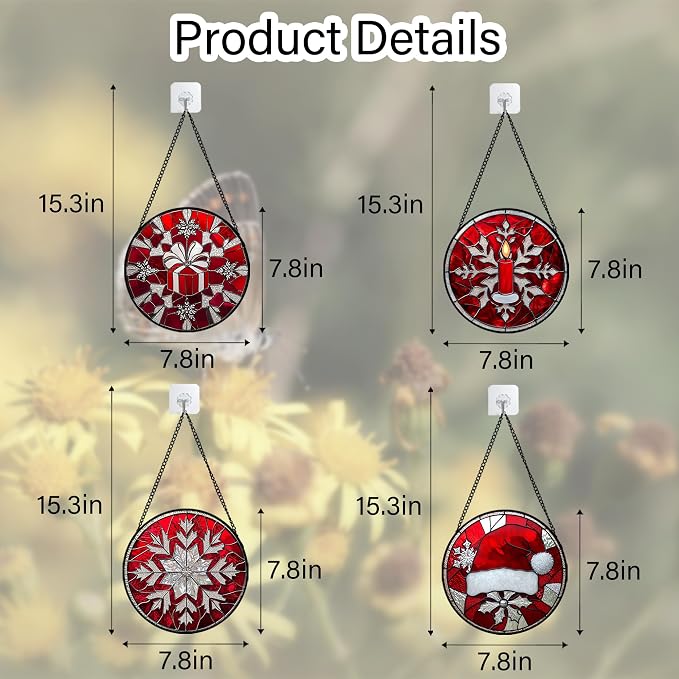 DASTOLL Stained Glass Window Hanging 4 Pcs Set Red Christmas Decorations Theme 7.8" - Suncatcher Door Garden Sun Catcher Decor Birthday for Mom Woman Nana Men Friend Wife