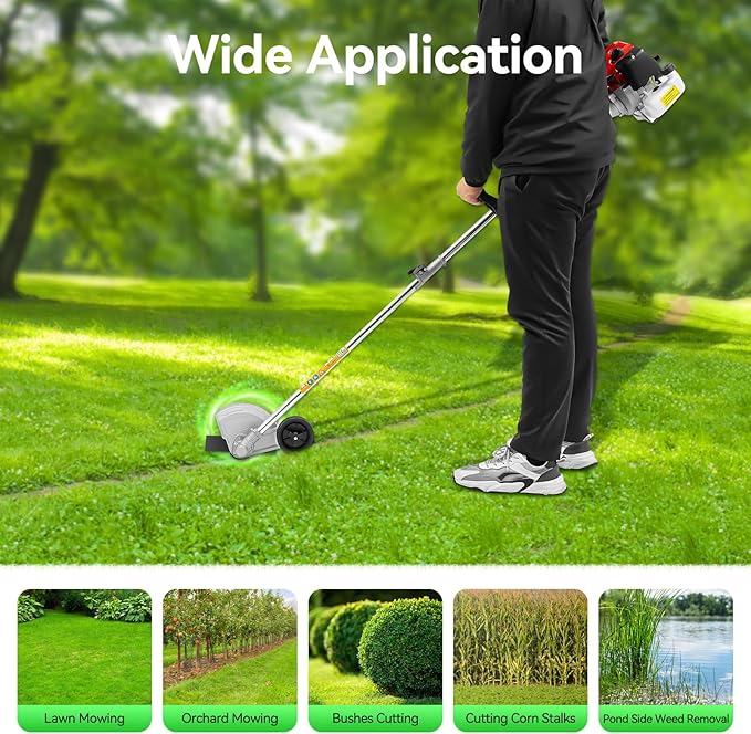 43CC Gas Weed Wacker, 1250W Powerful 2-Stroke Weed Eater, 8500RPM High Speed Lawn Edger with Two Blade Heads, Cordless Portable Single-Cylinder Grass Trimmer Tools, for Home Garden Lawn Mowing