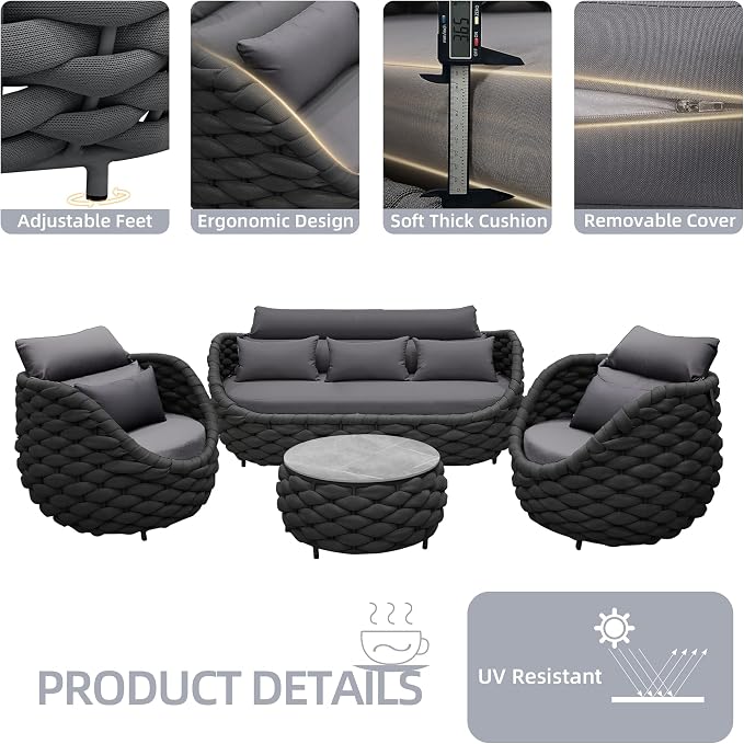 TWT Aluminum Patio Furniture Set Three Seater Sofa Outdoor Furniture Set w/Coffee Table,Patio Conversation Set with Hand Woven Polyester Rope for Bedroom Backyard Poolside, Dark Grey