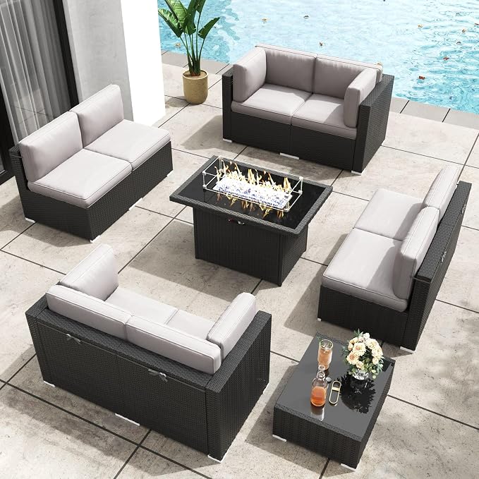 Patio Furniture Set with Fire Pit Table, 10 Pieces Outdoor All-Weather Wicker Conversation Sectional Chair Sofa Set