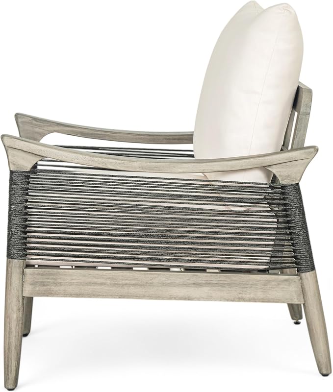 Christopher Knight Home Havets 4 Piece Patio Conversation Sets, Outdoor Acacia Wood Patio Seating Group,Woven Rope Loveseat Chairs with Cushions and Coffee Table for Porch Backyard Balcony, Gray+Beige