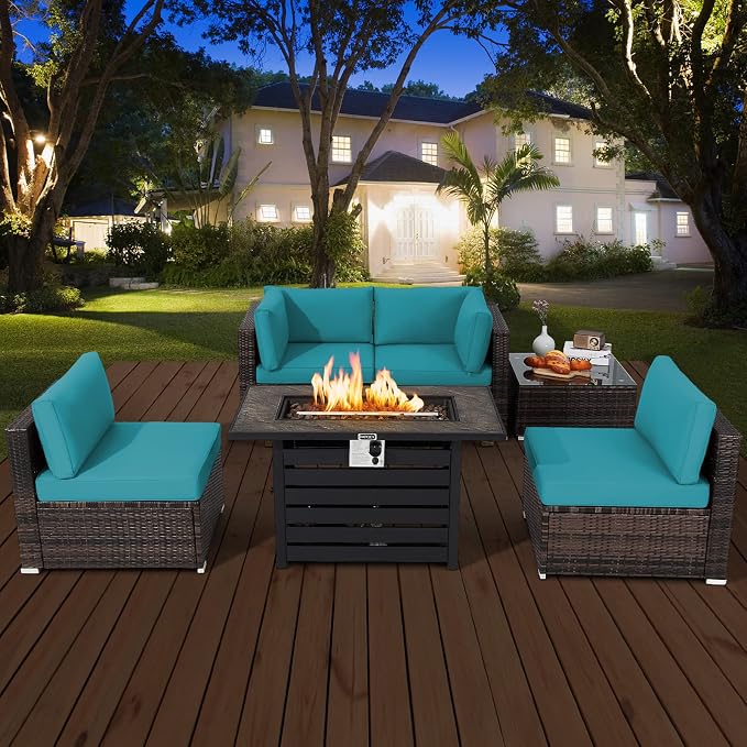 Tangkula 6-Piece Patio Furniture Set with 42 Inches Propane Fire Pit Table, Outdoor Wicker Conversation Set with Cushions and Tempered Glass Coffee Table, 50,000 BTU Gas Fire Pit Table (Turquoise)
