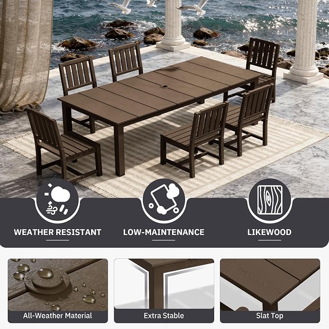 AreShark 7-Piece Outdoor Dining Set,HDPE Patio Table with 6 Armless Chairs,All-Weather Patio Furniture Set with Umbrella Hole,Low Maintenance Wood Grain Dining Set for Backyard,Garden,Poolside,Black