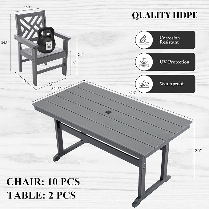 HDPE Dining Table Set for 10,12-Piece Outdoor Table and Chairs Include 10 Dining Chairs and 2 Pcs 62.5" Patio Dining Table with Umbrella Hole (Gray)