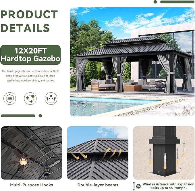 Aoxun 12' X 20' Hardtop Gazebo, Aluminum Outdoor Gazebo with Drainage System, Permanent Metal Pavilion with Privacy Curtain and Netting, for Poolside, Backyard