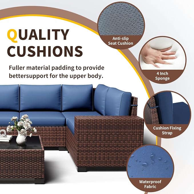 Outdoor Patio Furniture Set, 8‘’ Wide armrest Outdoor Sectional Rattan Sofa Set, Wicker Patio Furniture Sets w/Coffee Table,Thick Cushions for and Cover for Porch, Poolside,8 PCS(Brown&Blue)