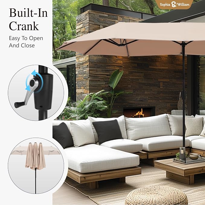 Sophia & William Patio Set with Umbrella Outdoor Dining Set for 6 with 13ft Umbrella Beige, 6 x Patio Chairs Grey, 1 Wood Like Outdoor Dining Table for Deck Lawn Garden (No Umbrella Base)