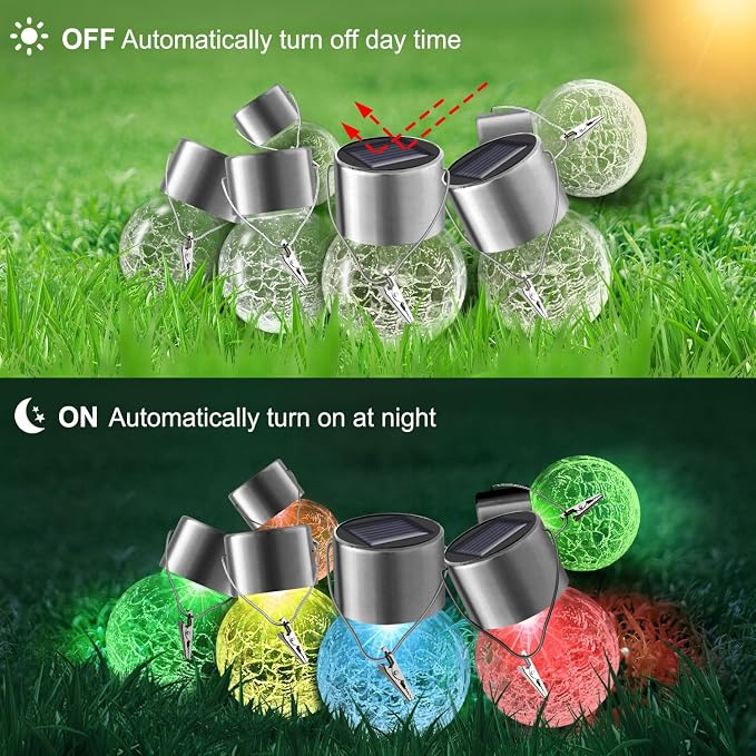 12 Pack Hanging Solar Lights Outdoor Decorative, Waterproof Solar Globe Lantern with Handle and Clip, Solar Powered Cracked Glass Ball Lights for Garden Yard Patio, Fence Tree Umbrella, Holiday Décor
