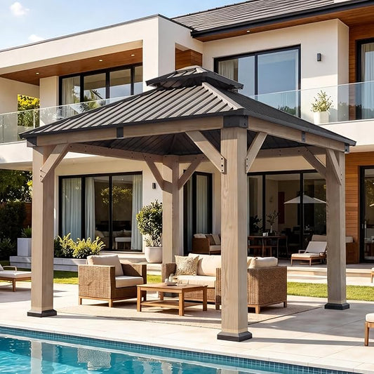 Aoxun 10' x 10' Outdoor Wood Gazebo, Hardtop Gazebo Permanent Wooden Pavilion with Galvanized Steel Double Roof, for Backyard, Garden, Deck, Cedar Wood, Grey