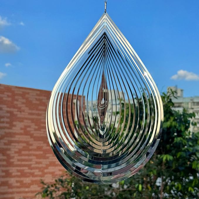 Hanging Wind Spinners,3D Water Droplets Shape Highly Reflective Stainless Steel Outdoor Garden Decor, Decorations to Scare Away Yard Birds 11.4inch 2Pcs
