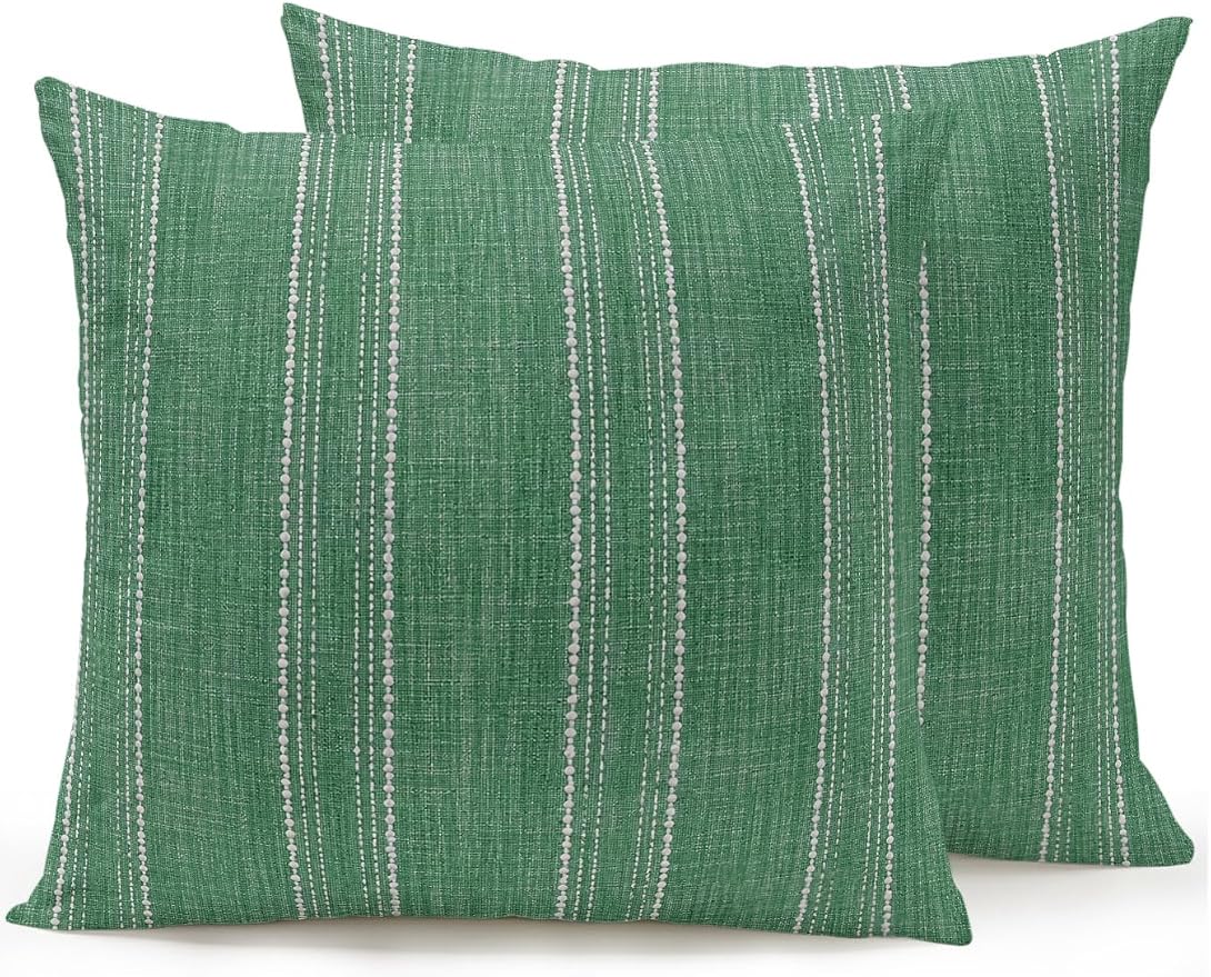 Waterproof Outdoor Pillow Set of 2 Green Linen Stripes Decorative Throw Pillows Cover & Insert 18x18 Inch Pillowcase Parallel Vertical Lines Pillows for Couch Sofa Bed Patio Furniture Indoor Outdoor