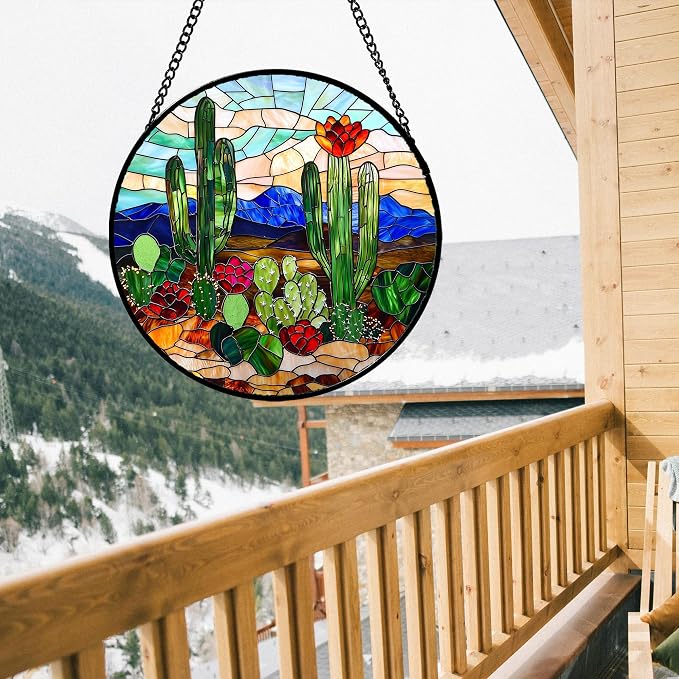 DASTOLL Stained Glass Window Hanging, Green Cactus Suncatcher for Doors Window Home Plant Landscape Sun Catchers Decoration Mother's Day Birthday Gifts for Women, Men, and Mom 6.3 in