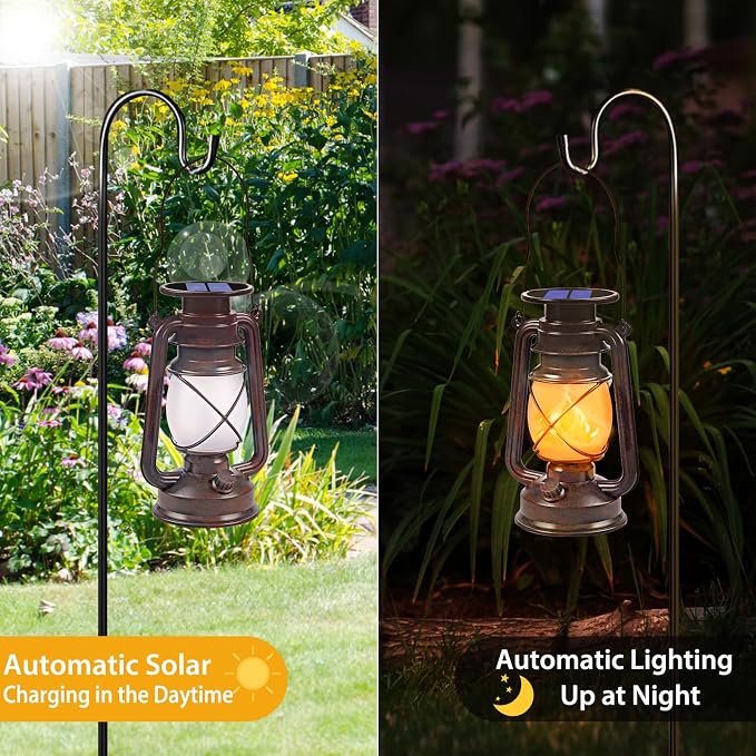 Solar Lanterns Outdoor Waterproof, 4 Pack Vintage LED Hanging Lights | Dancing Flame with Auto On/Off, Bronze Ambient Lighting Decor for Porch, Garden, Yard, Pathway, Patio & Camping