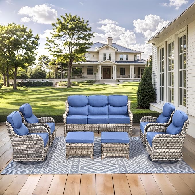 HUMMUH 7 Pieces Wicker Patio Furniture Set with Patio Swivel Chairs Set of 4,High Back Outdoor Sofa Ottomans,6 Inch Thick Cushions Outdoor Conversation Set for Porch, Balcony, Deck