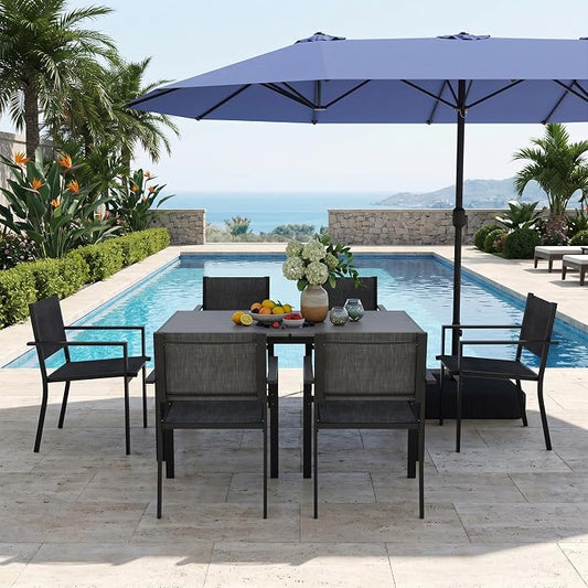 Aoxun 8-Piece Patio Table and Chairs Set & 15ft Patio Umbrella for 6, All Weather Outdoor Dining Set with 6 Textilene Chairs and 1 Rectangular Metal Table for Backyard, Garden, Grey/Blue