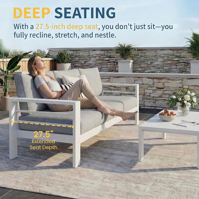 Solaste Aluminum Patio Furniture Set for All Weather, Oversized Metal Outdoor Furniture Set with 27.5" Deep Seating and 3.2" Wide Armrest, Outdoor Patio Sofa with 10" Back Suport Cushion, Light Grey