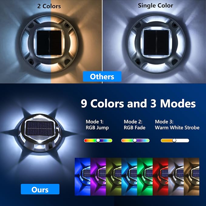 Solar Deck Light Outdoor, 6 Pack 9 Colors in 1 Solar Driveway Dock Lights, IP67 Waterproof Solar Powered Outdoor Light, RGB Step Lights for Outside Garden Yard Fence Stair Sidewalk Pathway Walkway